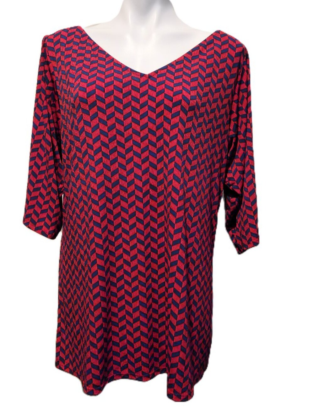 ❤️ 4/$20 Leota top Women's 1L Red blue chevron pattern V-neck tunic 3/4 sleeves